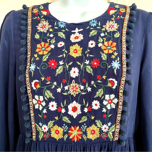 Navy Blue Embroidered Dress Sz Medium Floral Boho Long Sleeves Tiered Elastic - Picture 5 of 17